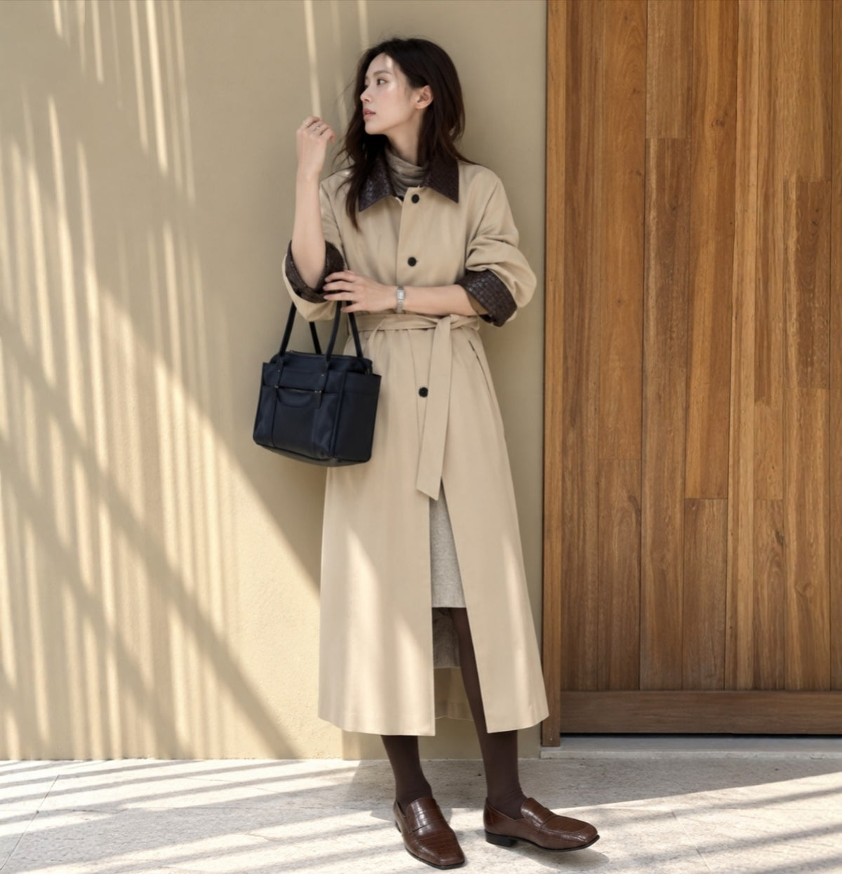 Woven Vegan Leather-Trimmed Long Trench Coat – Women’s One Size