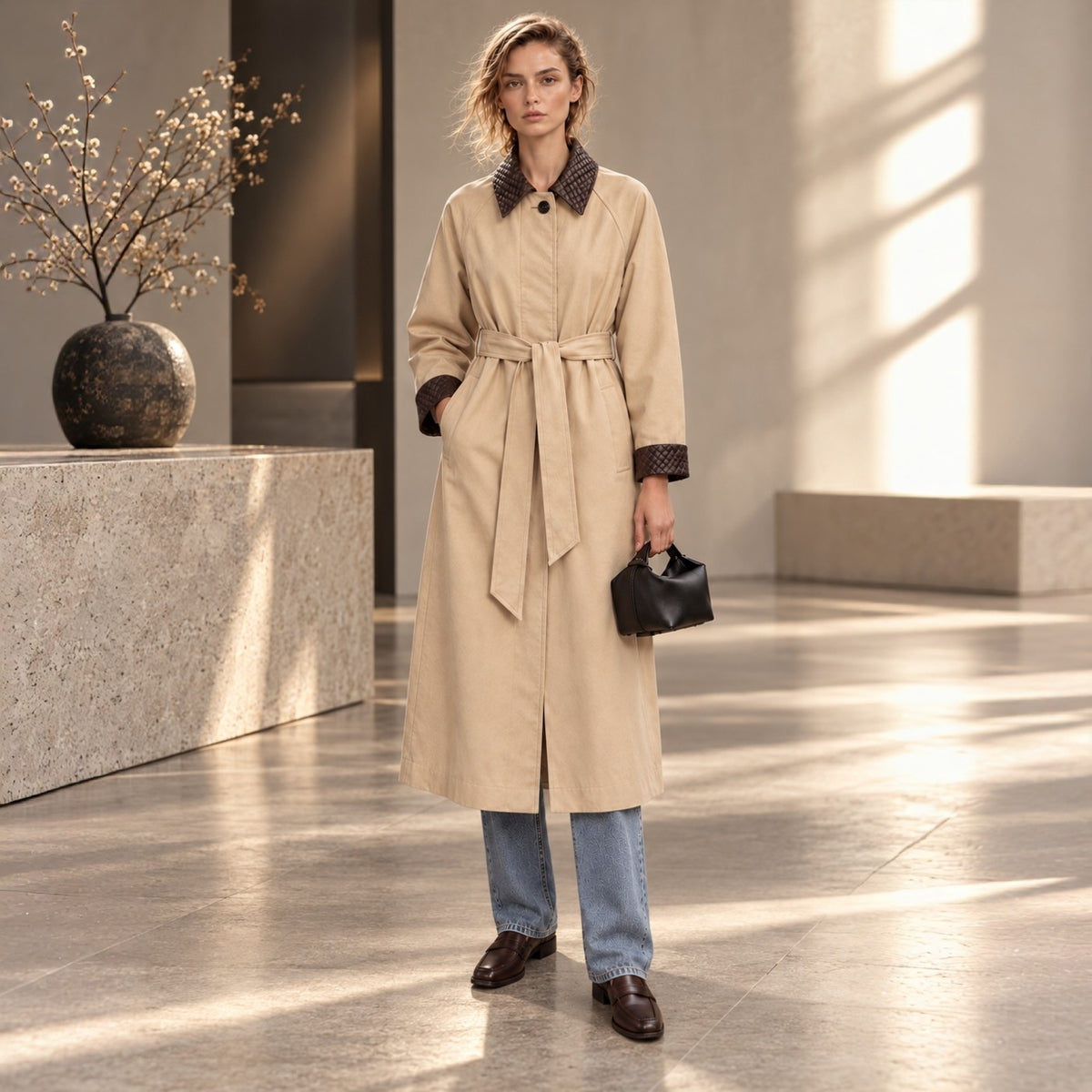 Woven Vegan Leather-Trimmed Long Trench Coat – Women’s One Size