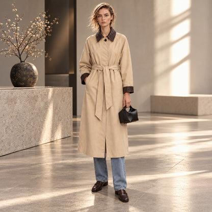 Woven Vegan Leather-Trimmed Long Trench Coat – Women’s One Size