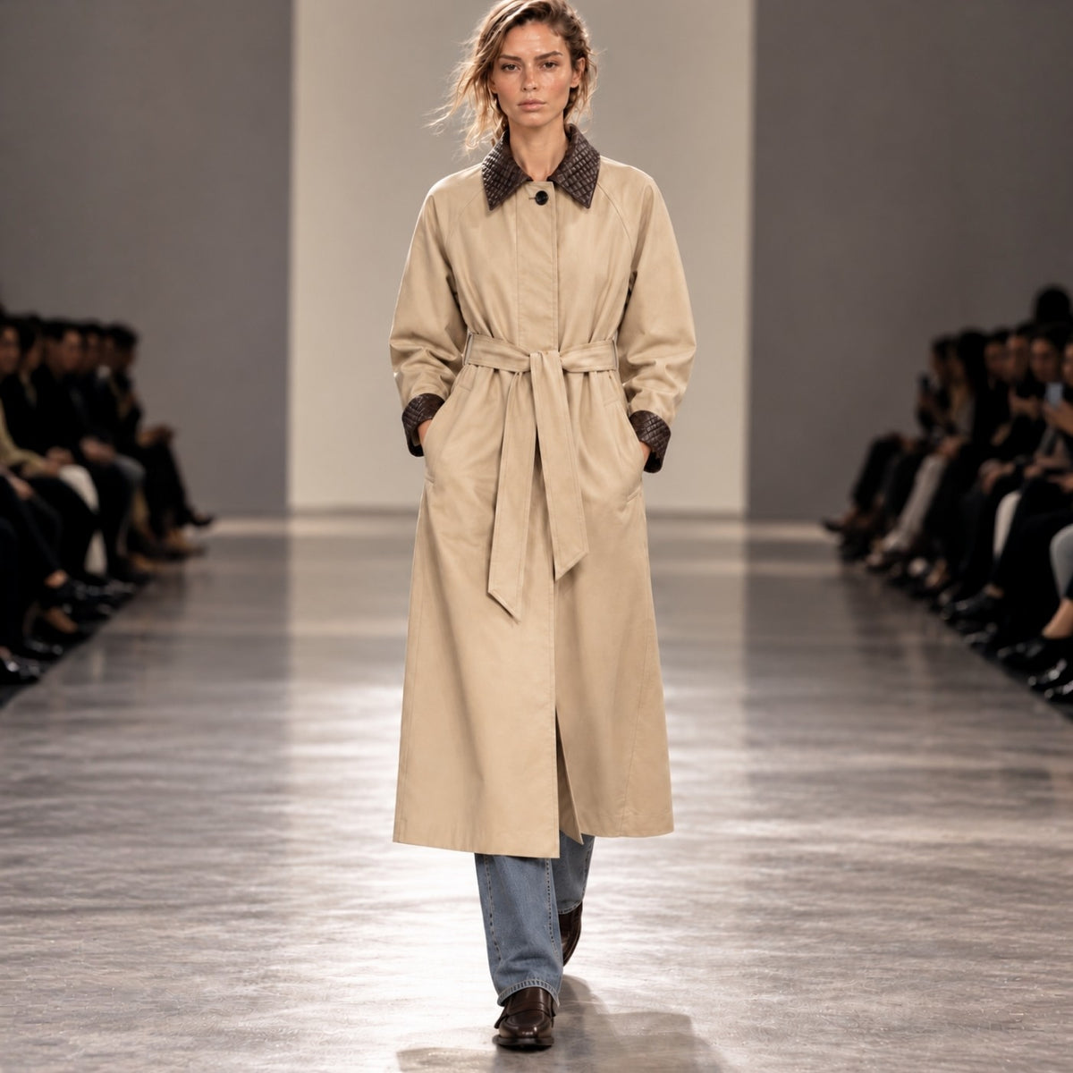 Woven Vegan Leather-Trimmed Long Trench Coat – Women’s One Size