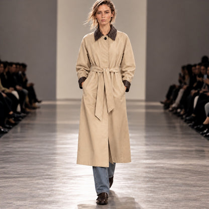 Woven Vegan Leather-Trimmed Long Trench Coat – Women’s One Size