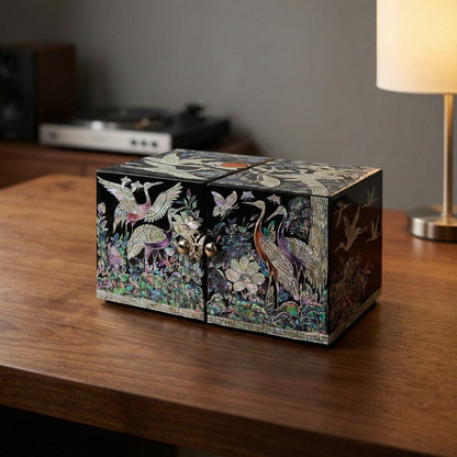JAGAE (Korean Mother of Pearl) Jewelry Box – Classic Black Crane & Butterfly Design