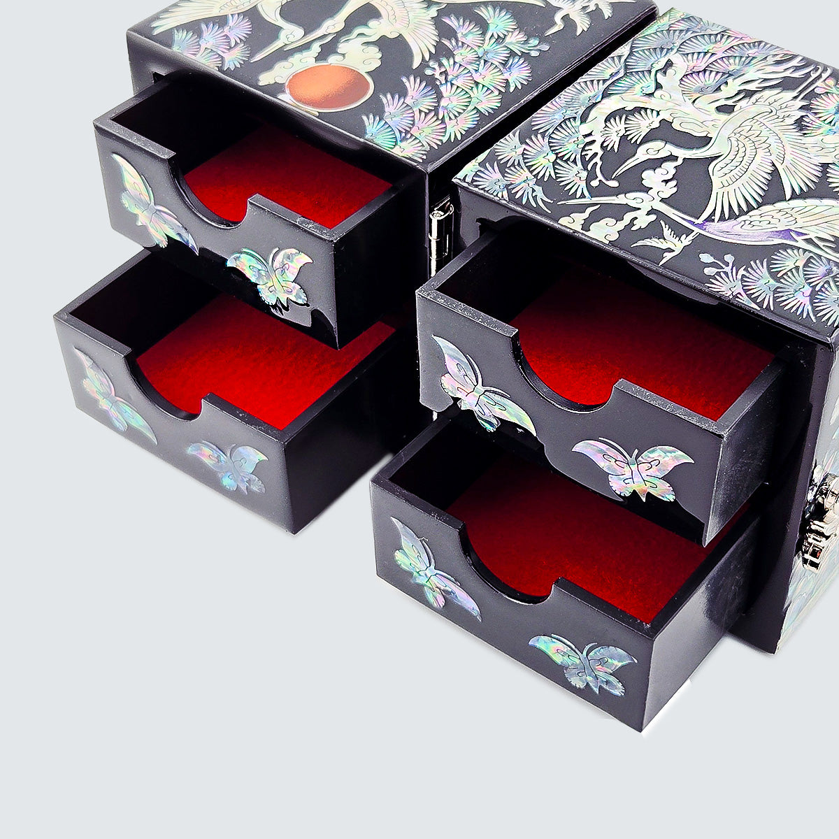 JAGAE (Korean Mother of Pearl) Jewelry Box – Classic Black Crane & Butterfly Design