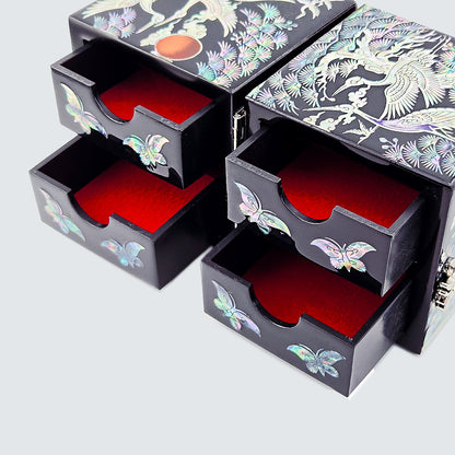JAGAE (Korean Mother of Pearl) Jewelry Box – Classic Black Crane & Butterfly Design