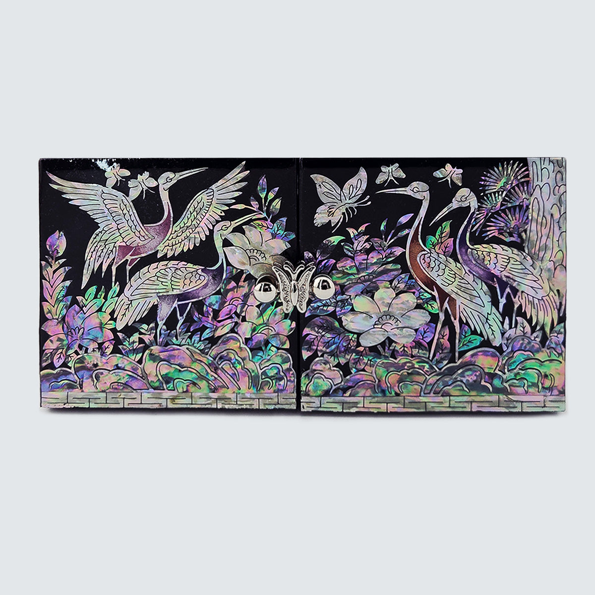 JAGAE (Korean Mother of Pearl) Jewelry Box – Classic Black Crane & Butterfly Design