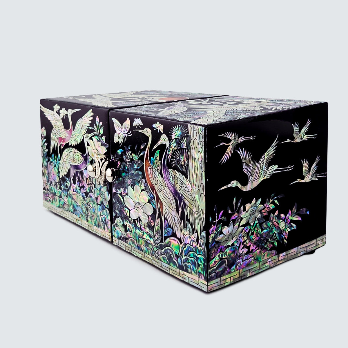 JAGAE (Korean Mother of Pearl) Jewelry Box – Classic Black Crane & Butterfly Design
