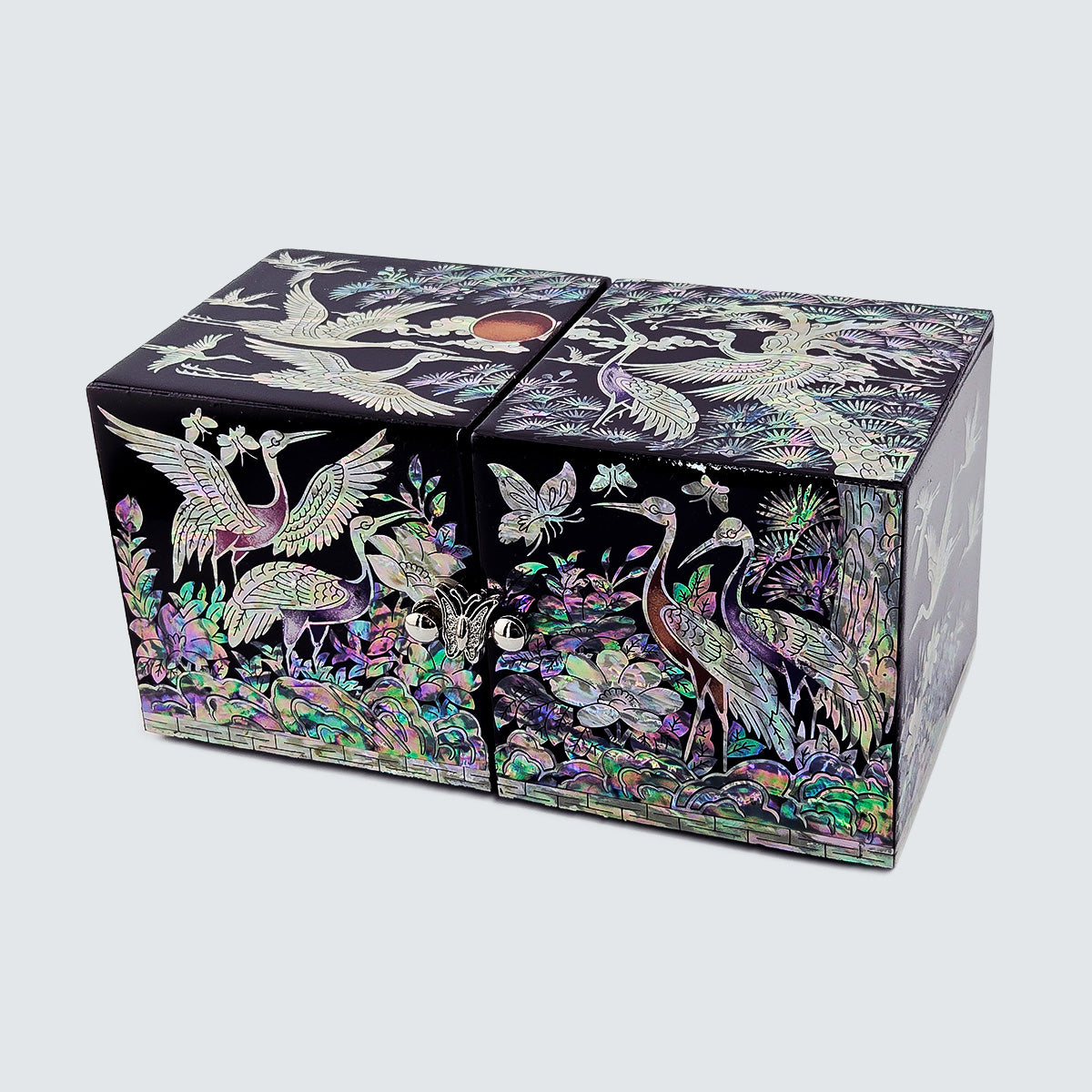 JAGAE (Korean Mother of Pearl) Jewelry Box – Classic Black Crane & Butterfly Design