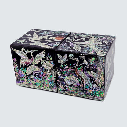 JAGAE (Korean Mother of Pearl) Jewelry Box – Classic Black Crane & Butterfly Design