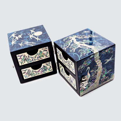 JAGAE (Korean Mother of Pearl) Jewelry Box – Teal Crane & Floral Inlay