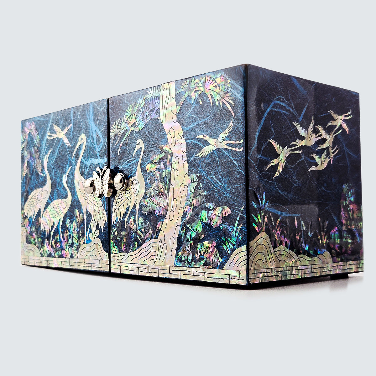 JAGAE (Korean Mother of Pearl) Jewelry Box – Teal Crane & Floral Inlay
