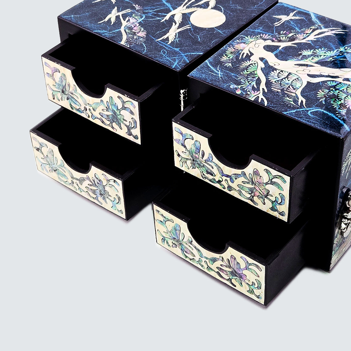 JAGAE (Korean Mother of Pearl) Jewelry Box – Teal Crane & Floral Inlay