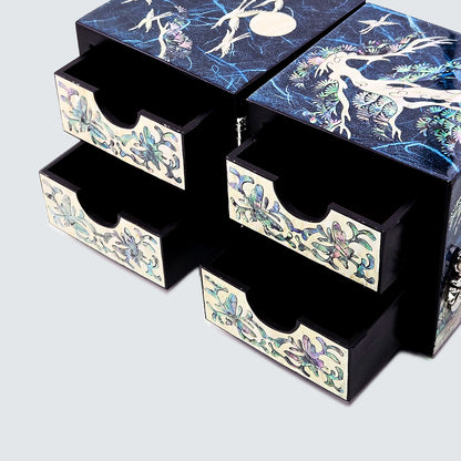 JAGAE (Korean Mother of Pearl) Jewelry Box – Teal Crane & Floral Inlay