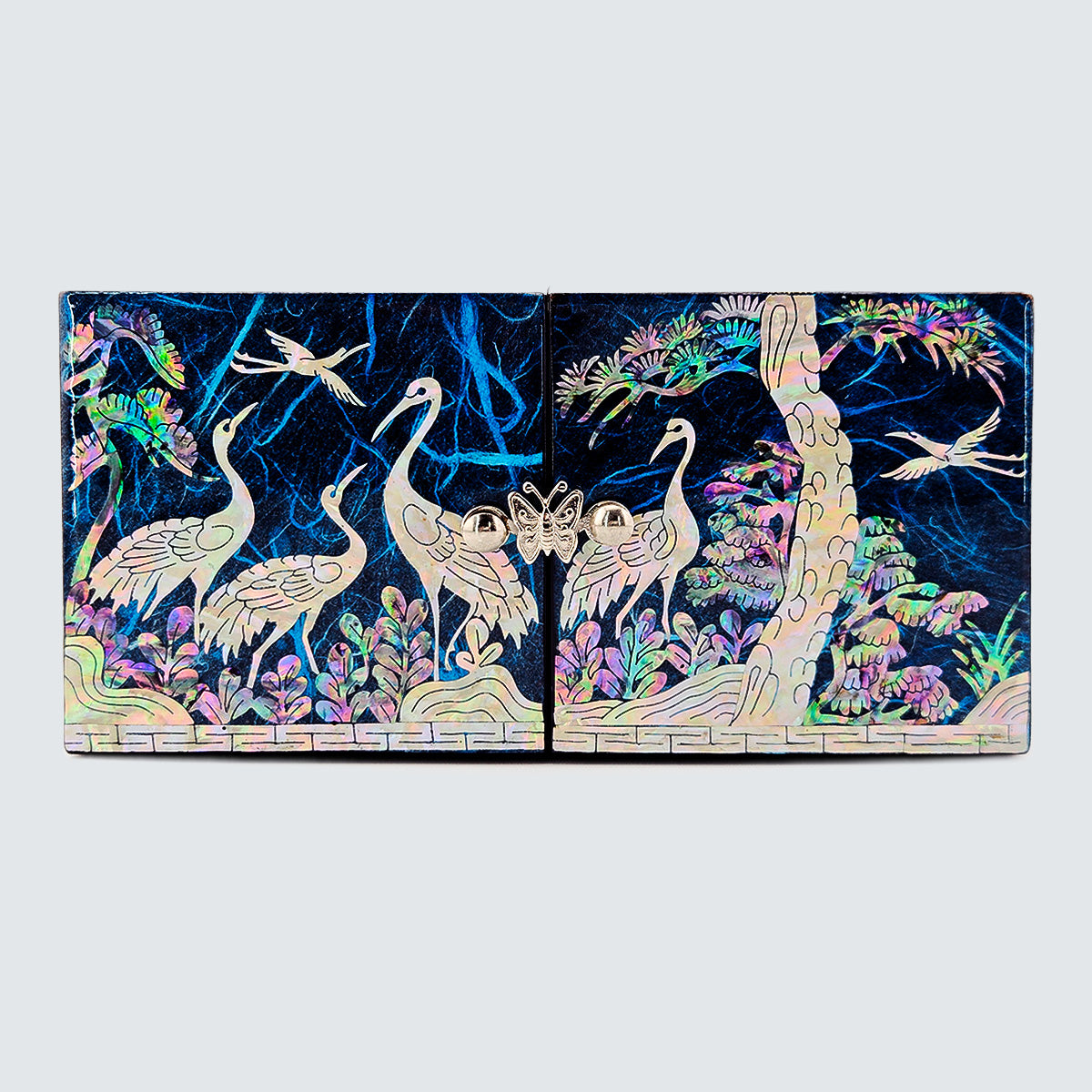 JAGAE (Korean Mother of Pearl) Jewelry Box – Teal Crane & Floral Inlay