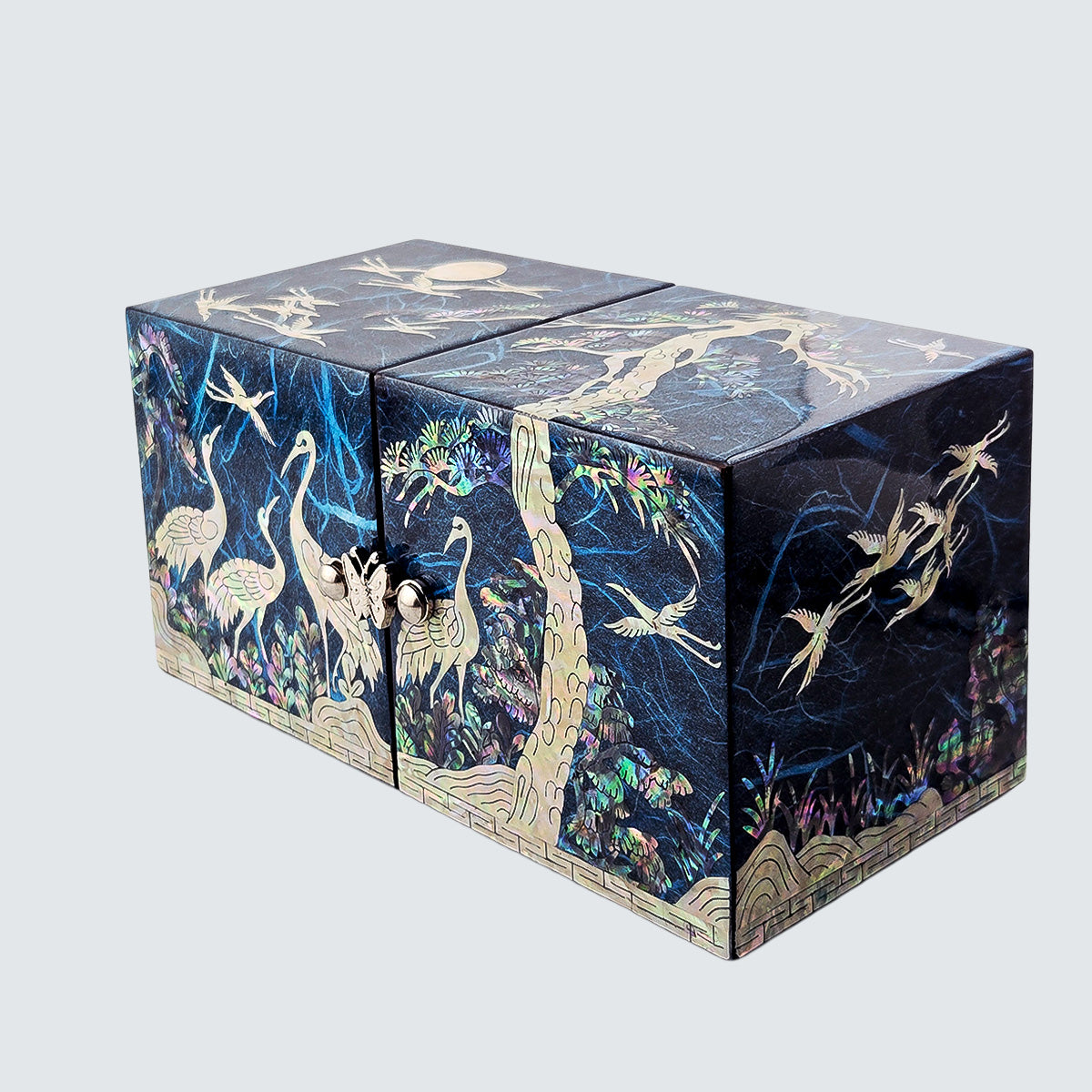 JAGAE (Korean Mother of Pearl) Jewelry Box – Teal Crane & Floral Inlay