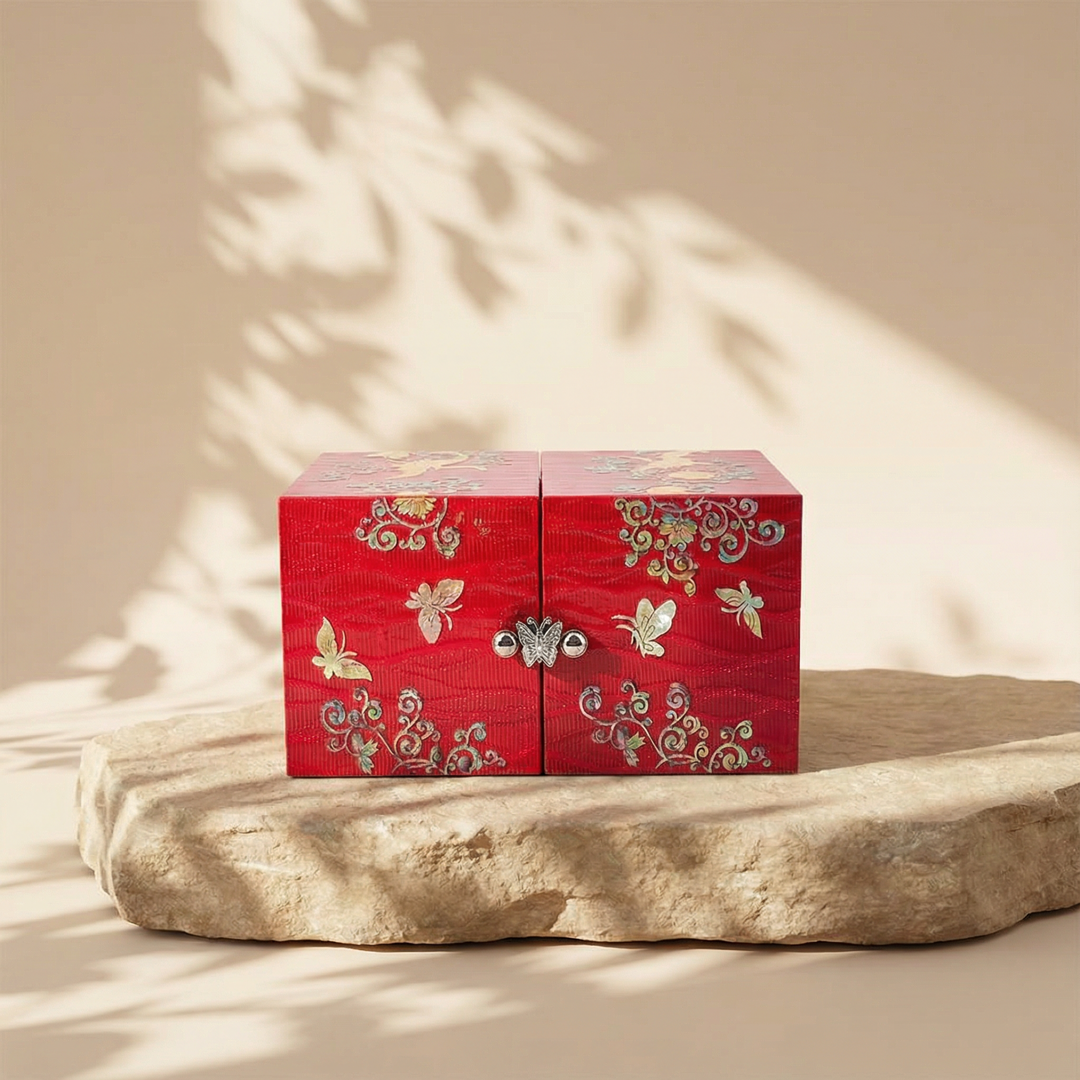 JAGAE (Korean Mother of Pearl) Jewelry Box – Red Sambe Wood & Butterfly Inlay