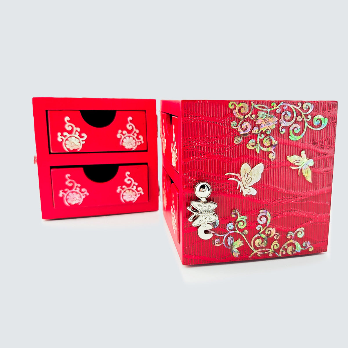 JAGAE (Korean Mother of Pearl) Jewelry Box – Red Sambe Wood & Butterfly Inlay