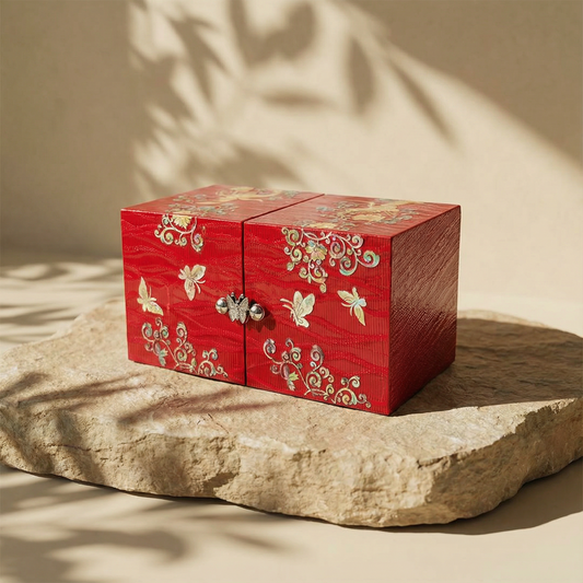 JAGAE (Korean Mother of Pearl) Jewelry Box – Red Sambe Wood & Butterfly Inlay