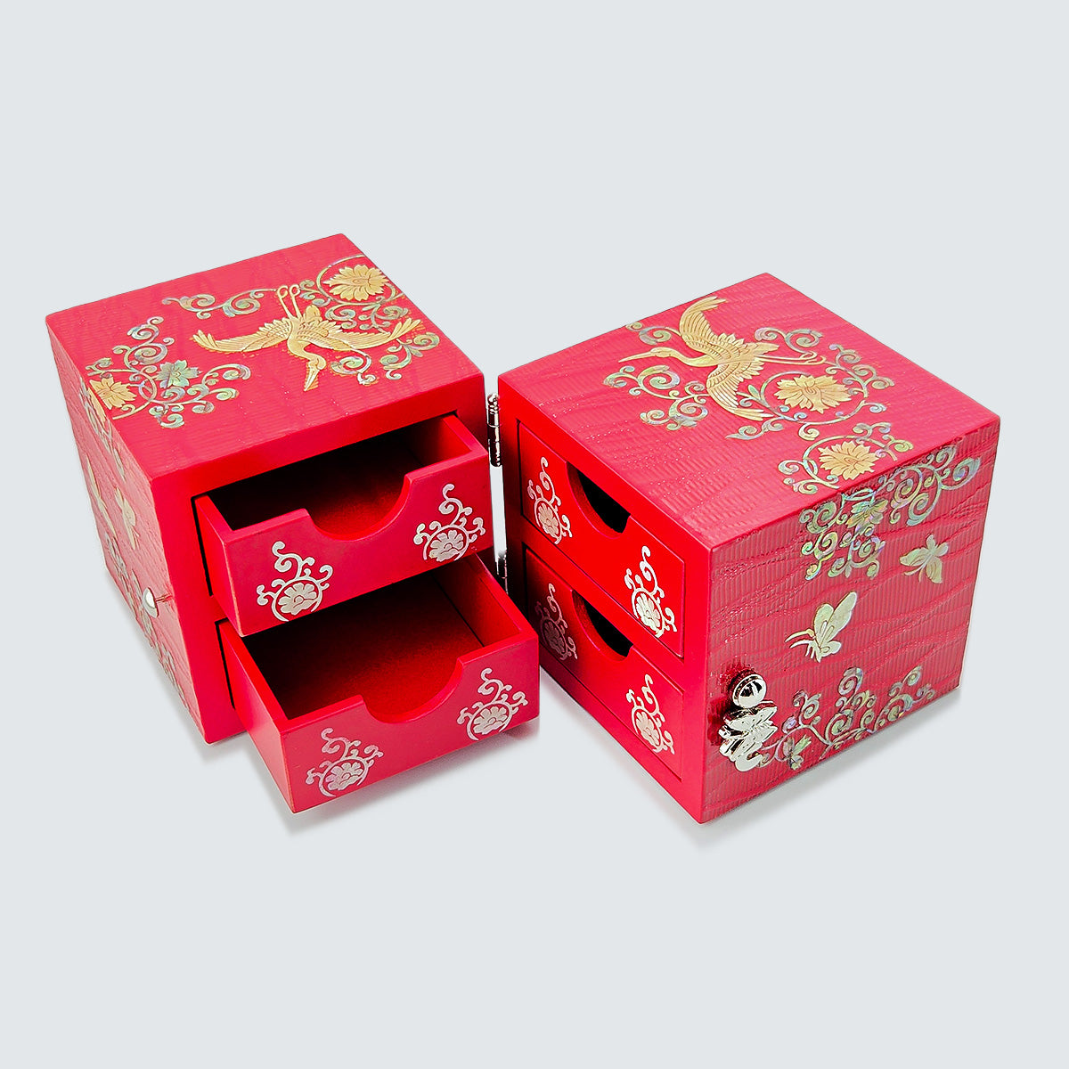 JAGAE (Korean Mother of Pearl) Jewelry Box – Red Sambe Wood & Butterfly Inlay