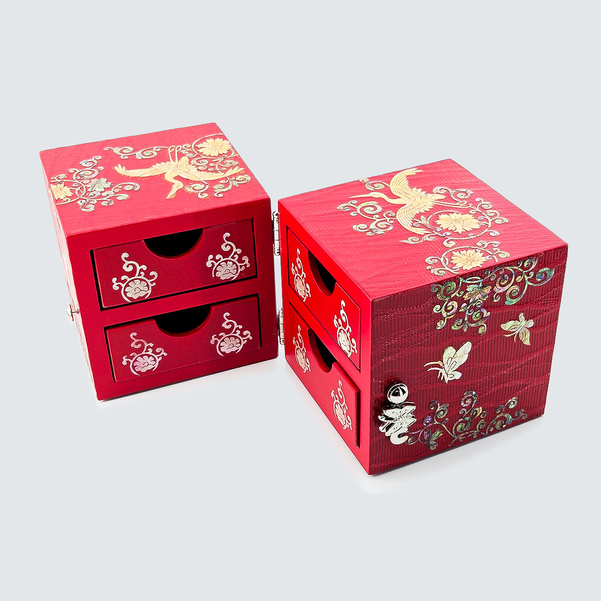 JAGAE (Korean Mother of Pearl) Jewelry Box – Red Sambe Wood & Butterfly Inlay