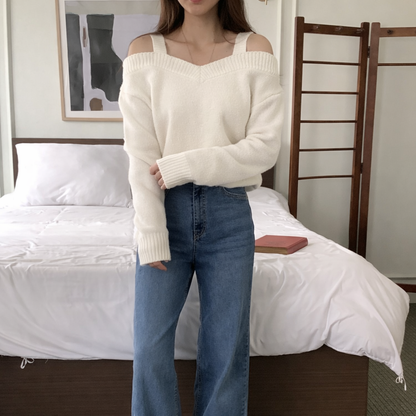 Double Strap Off-Shoulder Knit Top -  Women One Size