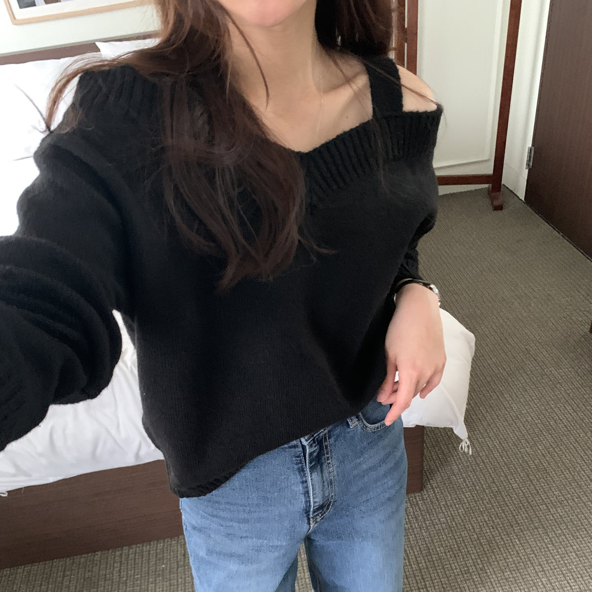 Double Strap Off-Shoulder Knit Top -  Women One Size