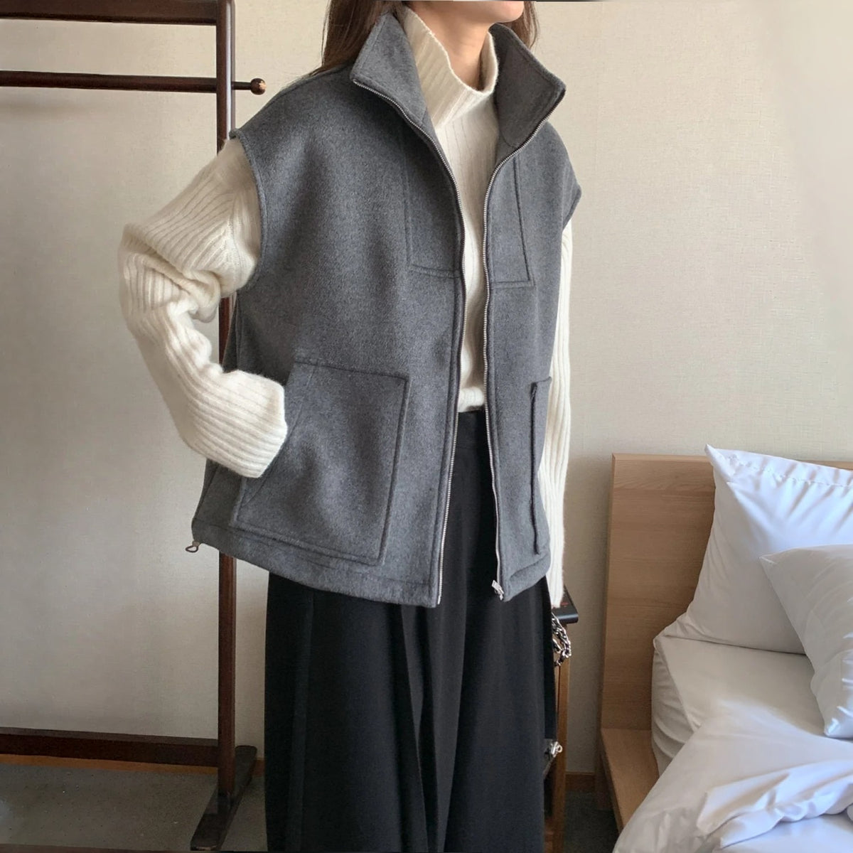 Structured Wool Blend Zip-Up Vest - Women One Size