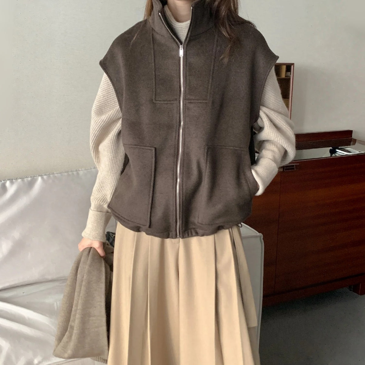 Structured Wool Blend Zip-Up Vest - Women One Size