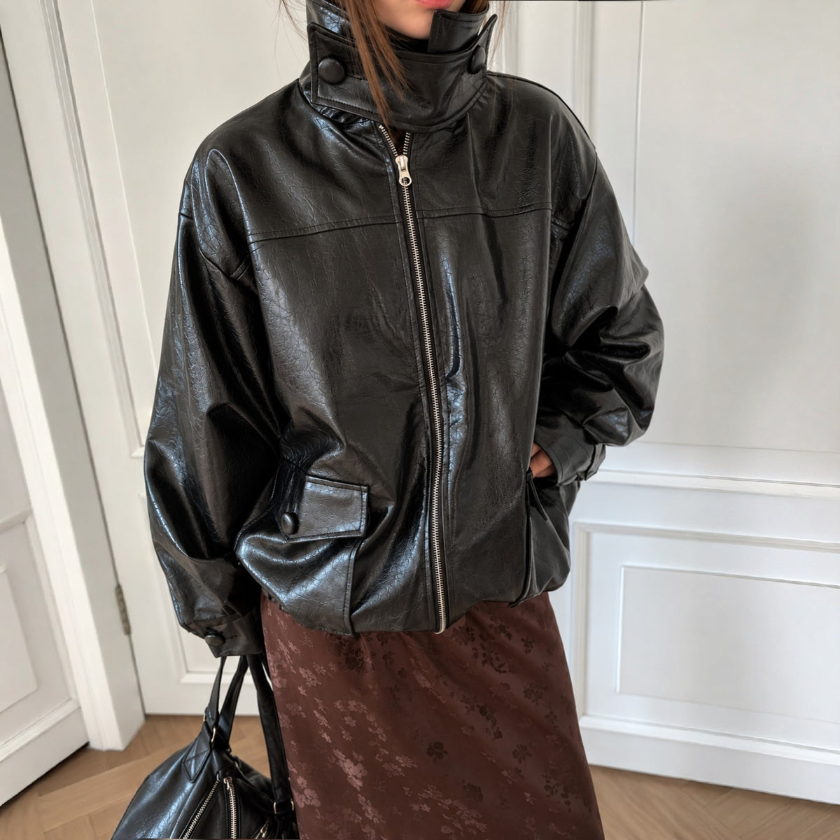 Glossy Crinkle Vegan Leather Convertible Collar Jacket - Women One Size