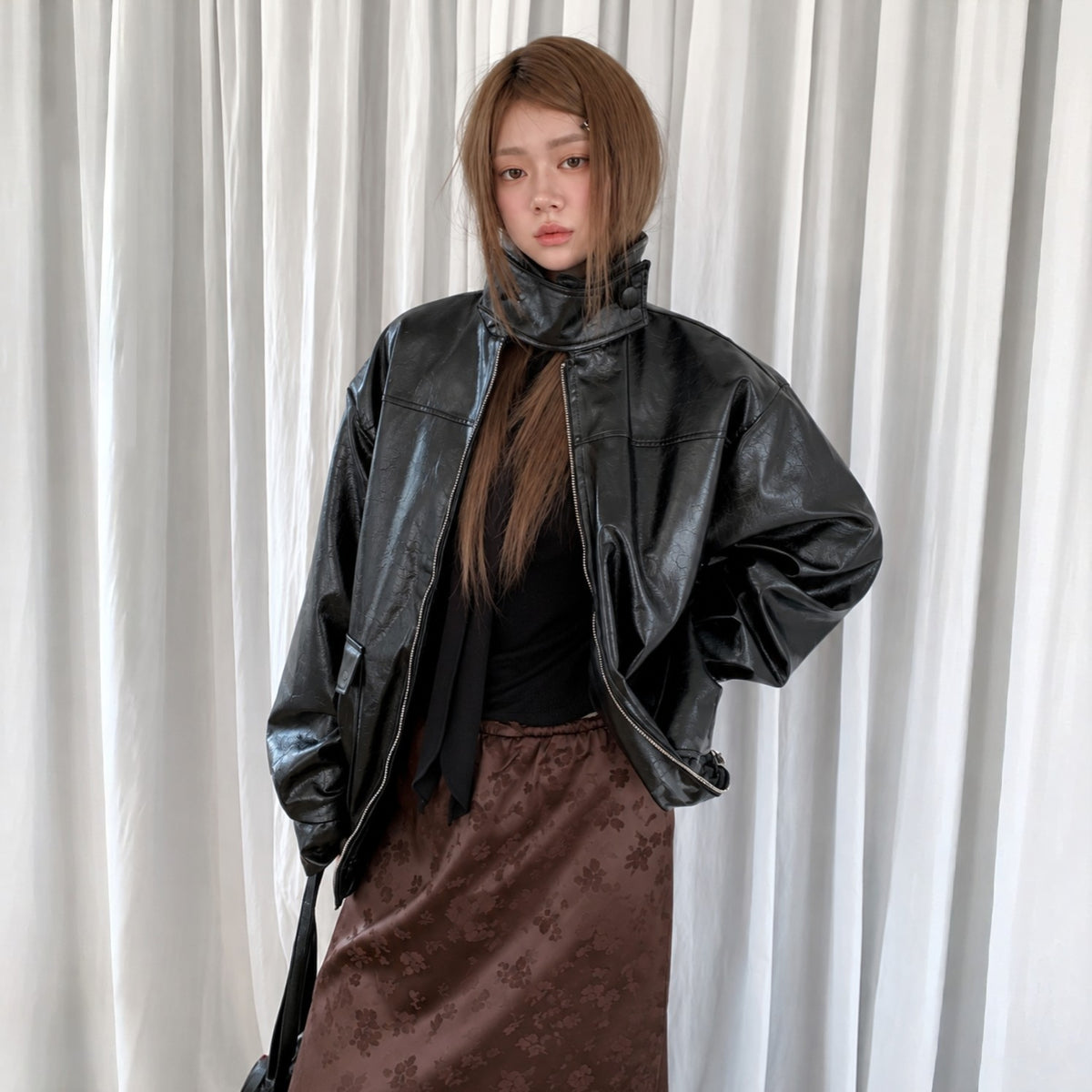Glossy Crinkle Vegan Leather Convertible Collar Jacket - Women One Size