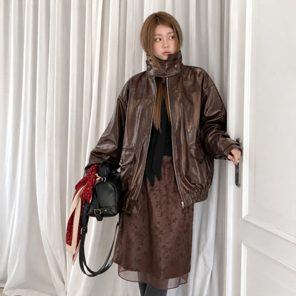 Glossy Crinkle Vegan Leather Convertible Collar Jacket - Women One Size