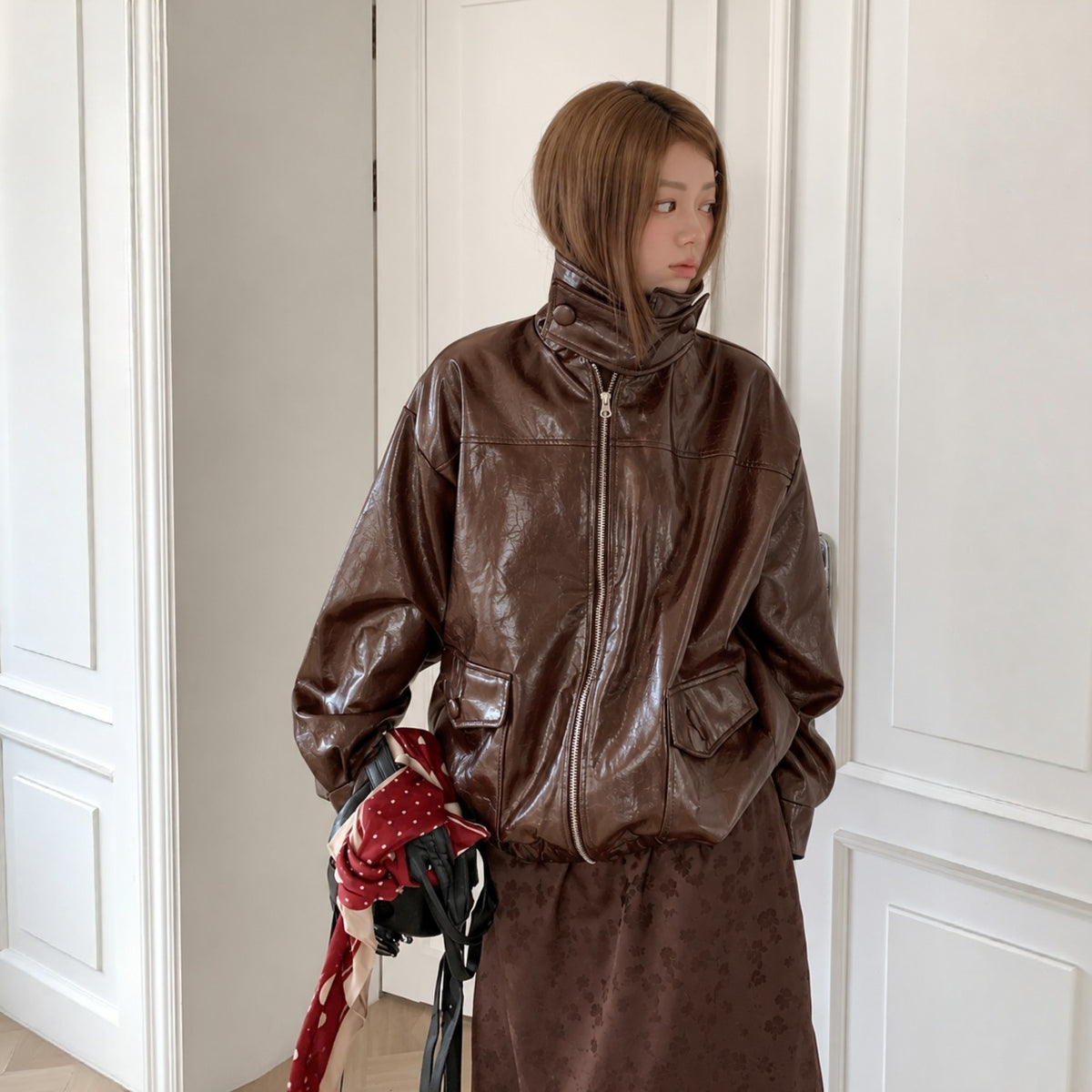 Glossy Crinkle Vegan Leather Convertible Collar Jacket - Women One Size