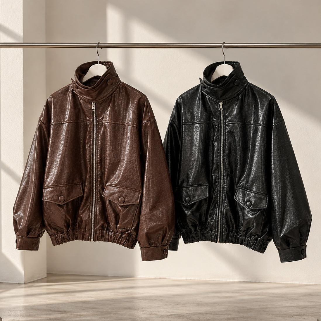 Glossy Crinkle Vegan Leather Convertible Collar Jacket - Women One Size
