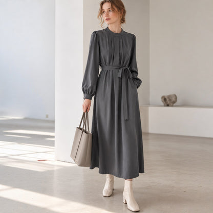 Pintuck Drape Belted Midi Dress - Women One Size