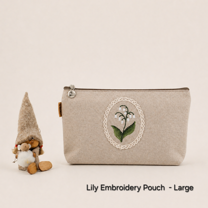 Lily Embroidery Pouch – Linen Blend Zipper Bag (Medium & Large) Made in Korea