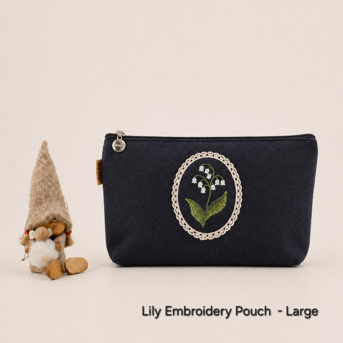 Lily Embroidery Pouch – Linen Blend Zipper Bag (Medium & Large) Made in Korea