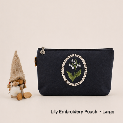Lily Embroidery Pouch – Linen Blend Zipper Bag (Medium & Large) Made in Korea