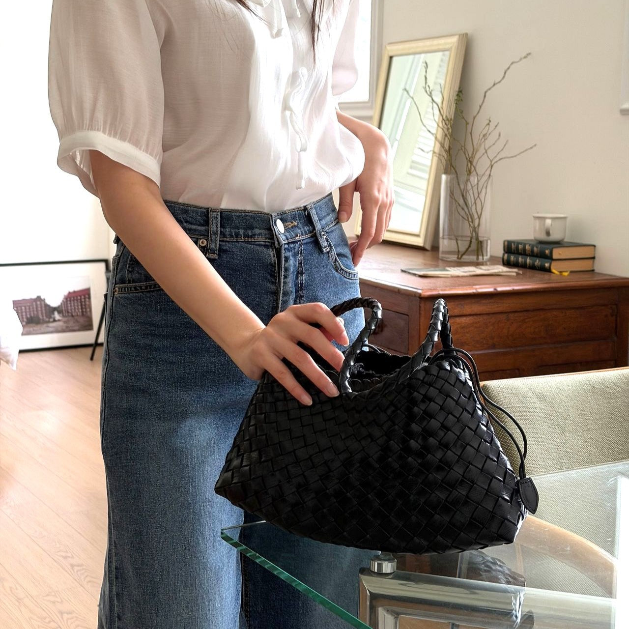 LOBAN Woven Leather Shoulder Bag with Inner Pouch