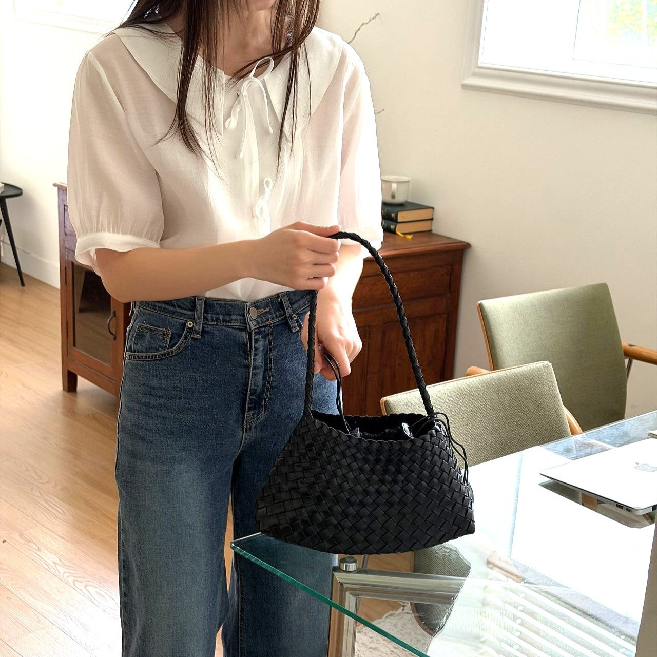 LOBAN Woven Leather Shoulder Bag with Inner Pouch