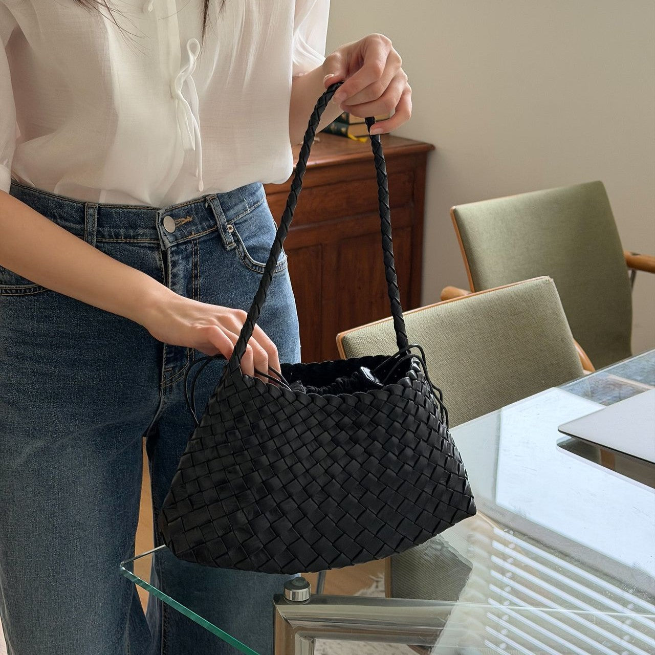 LOBAN Woven Leather Shoulder Bag with Inner Pouch
