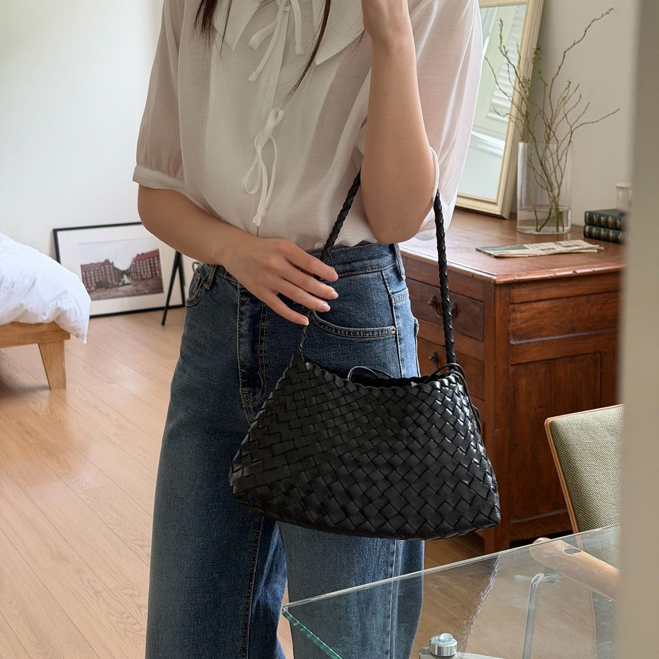 LOBAN Woven Leather Shoulder Bag with Inner Pouch