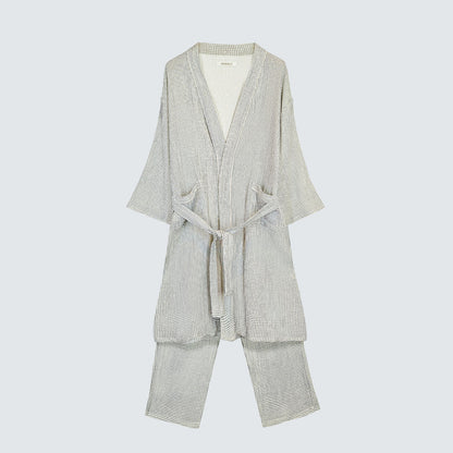 Serenity Check Gauze Robe & Pants Loungewear Set – Navy Check