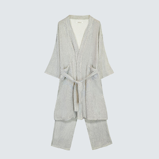 Serenity Check Gauze Robe & Pants Loungewear Set – Navy Check