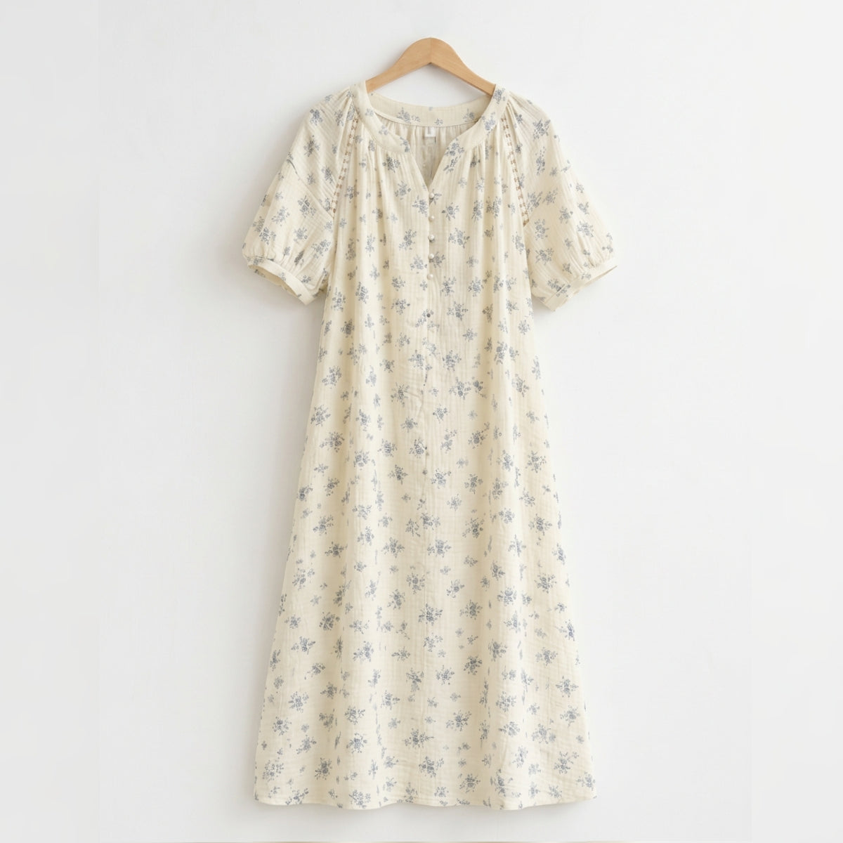 Soft Floral Gauze Cotton Nightdress – Pearl Button & Lace Trim