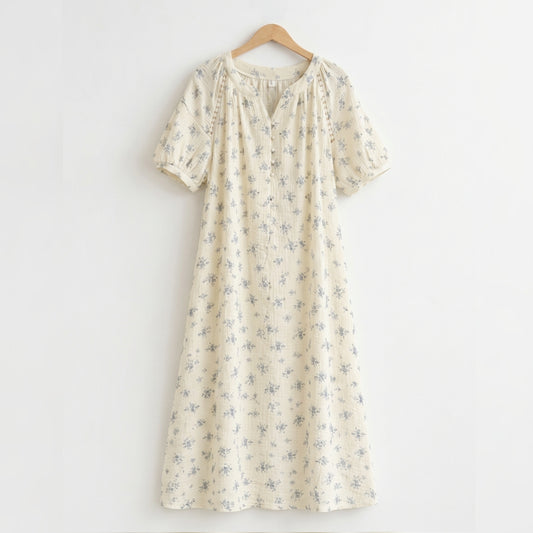 Soft Floral Gauze Cotton Nightdress – Pearl Button & Lace Trim