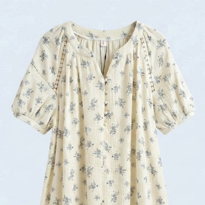 Soft Floral Gauze Cotton Nightdress – Pearl Button & Lace Trim