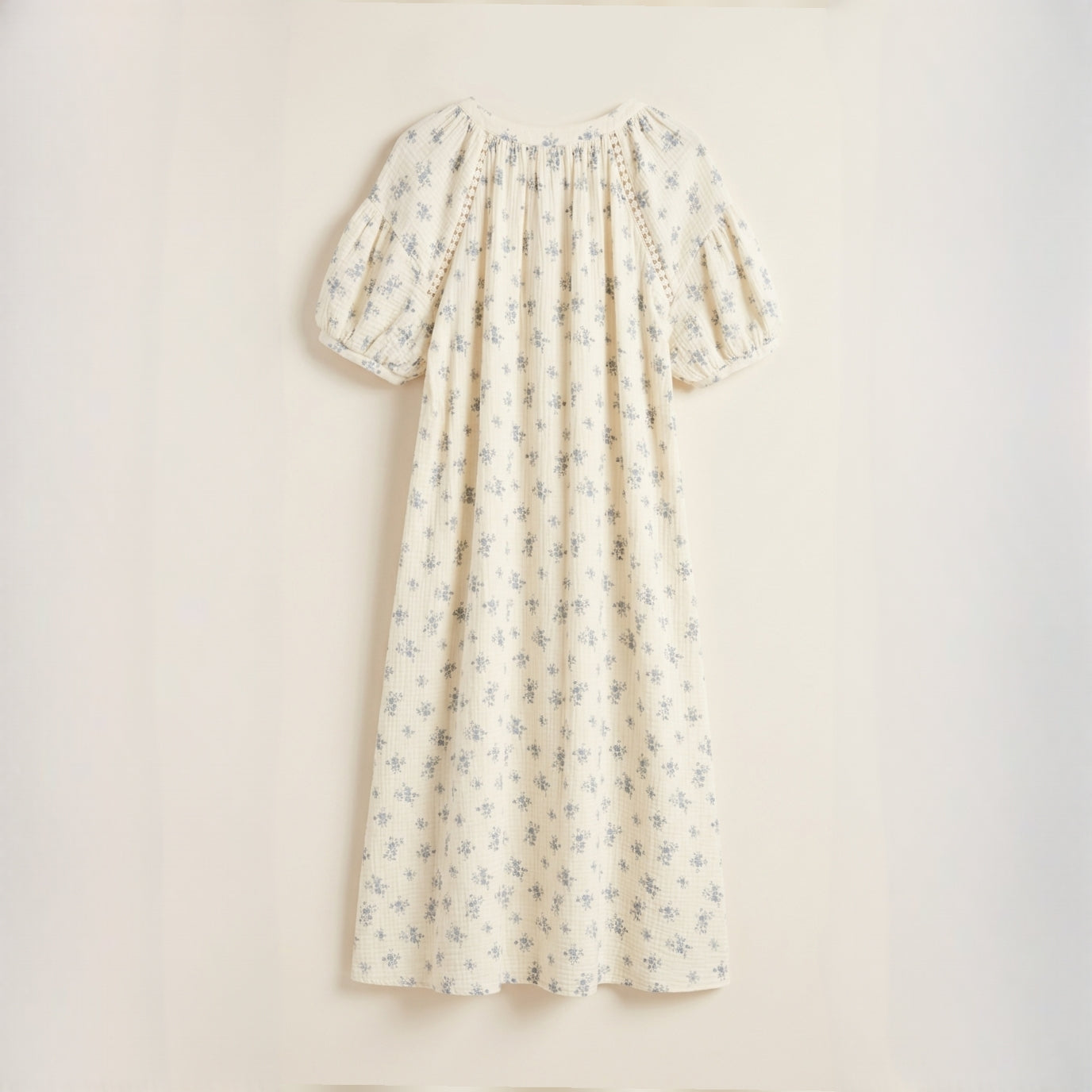 Soft Floral Gauze Cotton Nightdress – Pearl Button & Lace Trim