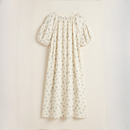 Soft Floral Gauze Cotton Nightdress – Pearl Button & Lace Trim