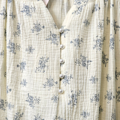 Soft Floral Gauze Cotton Nightdress – Pearl Button & Lace Trim
