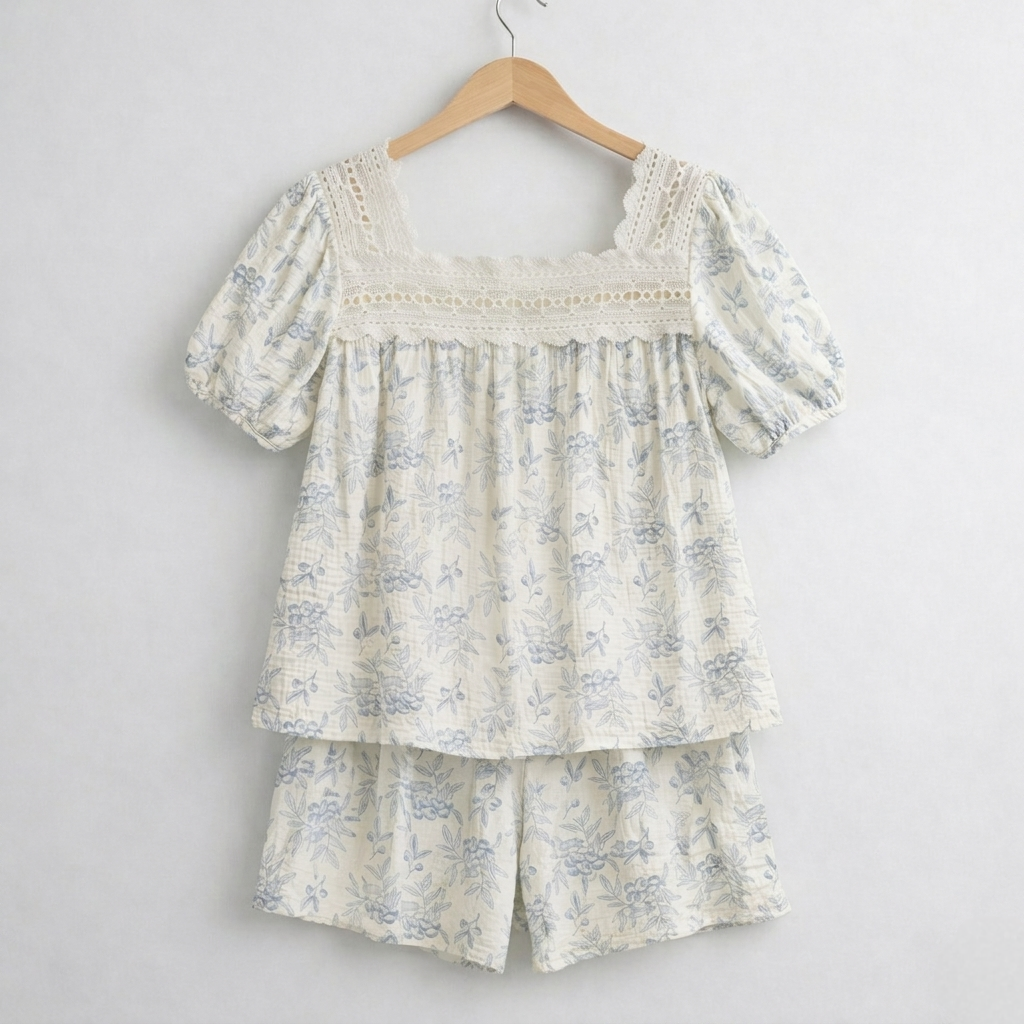 Blueberry Floral Gauze Cotton Pajama Set – Lace Trim Blouse & Shorts