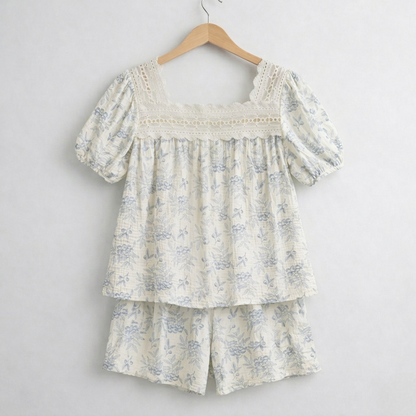 Blueberry Floral Gauze Cotton Pajama Set – Lace Trim Blouse & Shorts